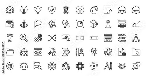 Business and technology line icon set. Vector pictograms of funnel, server, cloud, chart, robot, handshake, database, processor, algorithm, thin linear illustration.