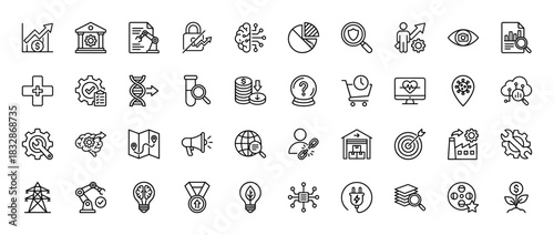 Business and technology line icon set. Vector pictograms of chart, brain, automation, factory, dna, cloud, shield, target and energy, thin linear illustration.