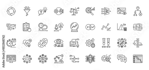 Data science and analytics line icon set. Vector pictograms of machine learning, research, modeling, and flowcharts, thin linear illustration.
