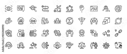 Business and technology line icon set. Vector pictograms of process, intelligence, automation, security, and analysis, thin linear illustration.
