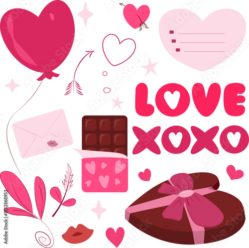 Charming, cohesive vector clip art set of various Valentine's Day elements like chocolate, hearts, arrows, and an envelope in shades of pink, magenta and brown, ideal for romantic designs.