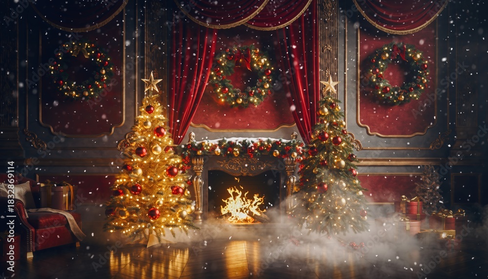 Fototapeta premium Festive holiday celebration cozy living room digital art classic interior warm atmosphere christmas themes with snowfall and decorative trees