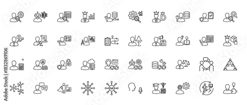 Business and technology line icon set. Vector pictograms of analytics, robot, security, data, and collaboration, thin linear illustration.