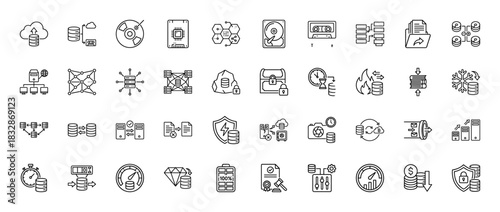 Technology and data line icon set. Vector pictograms of database, cloud storage, security, transfer, and speed, thin linear illustration.