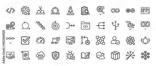 Software development line icon set. vector pictograms of coding, testing, qa, agile, devops, ci/cd, bug, and documentation, thin linear illustration.
