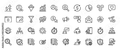 Marketing and business line icon set. Vector pictograms of sales funnel, conversion, growth, finance, and delivery, thin linear illustration.