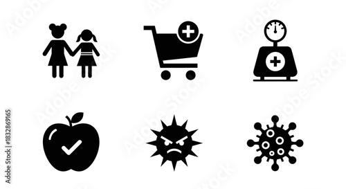Icons representing healthy family, shopping, medical care, and infectious viruses.