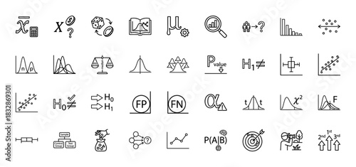 Statistics and probability line icon set. Vector pictograms of mean, median, standard deviation, hypothesis testing, and distributions, thin linear illustration.