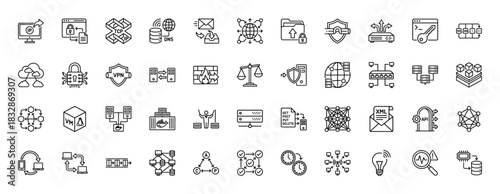 Technology and network security line icon set. Vector pictograms of server, firewall, vpn, api, and cloud computing, thin linear illustration.