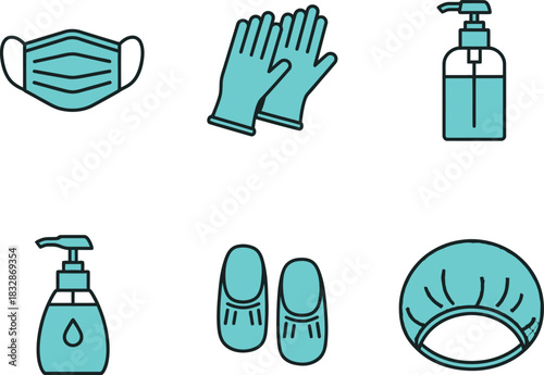 Medical and personal protective equipment icons for hygiene and safety