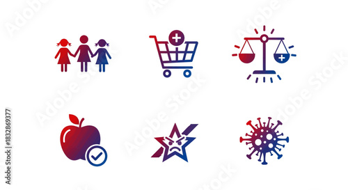 Collection of icons representing family, shopping, justice, health, and a virus