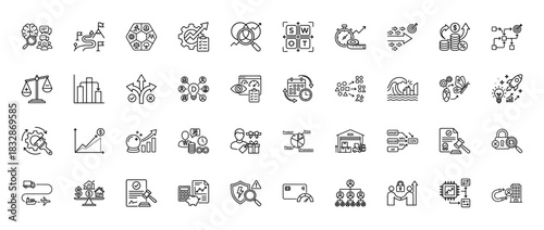 Business strategy and planning line icon set. Vector pictograms of swot analysis, marketing mix, finance, and decision-making, thin linear illustration.