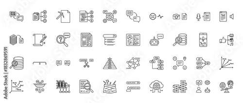 Natural language processing line icon set. Vector pictograms of translation, chatbot, sentiment, neural network, voice recognition, thin linear illustration.