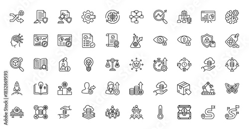 Business and strategy line icon set. Vector pictograms of security, finance, data analysis, and innovation, thin linear illustration.