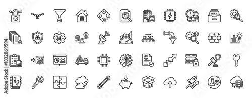 Technology and data line icon set. Vector pictograms of security, finance, analysis, and cloud computing, thin linear illustration.