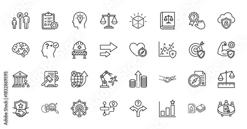 Business line icon set. Vector pictograms of scales, handshake, brain, target, shield, and chart, thin linear illustration.