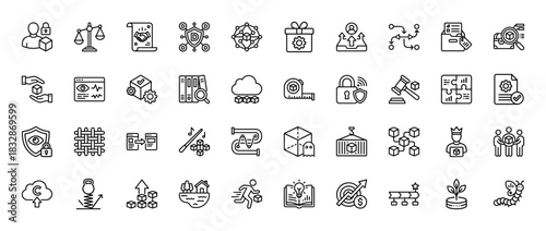 Blockchain, cryptocurrency, and business line icon set. Vector pictograms of decentralized network, smart contract, digital currency, and data security, thin linear illustration.