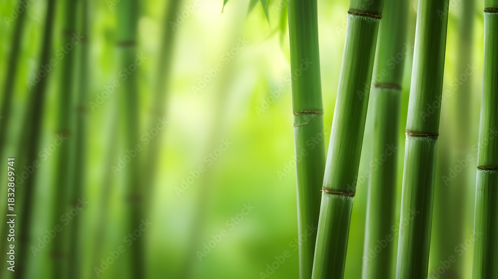 Obraz premium Bamboo forest with stalks clacking together in wind, natural daylight filtering through leaves