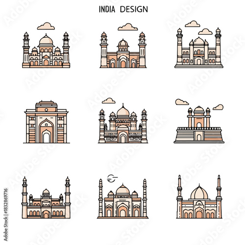 Collection of Indian architectural landmarks and monuments in a clean, stylized, and colorful icon design