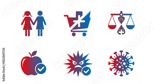 Diverse icons representing health care, shopping, justice, nutrition, and infectious disease prevention.