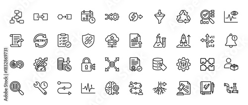 Business process and development line icon set. Vector pictograms of flowcharts, data processing, security, and growth, thin linear illustration.