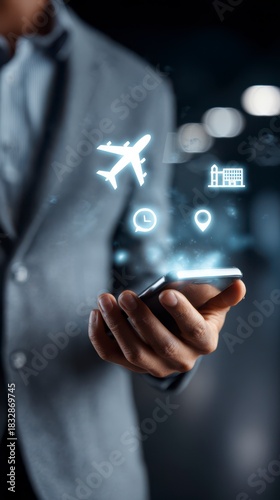 Travel Technology at Fingertips: A professional's hand cradles a smartphone, showcasing holographic icons of an airplane and travel amenities.