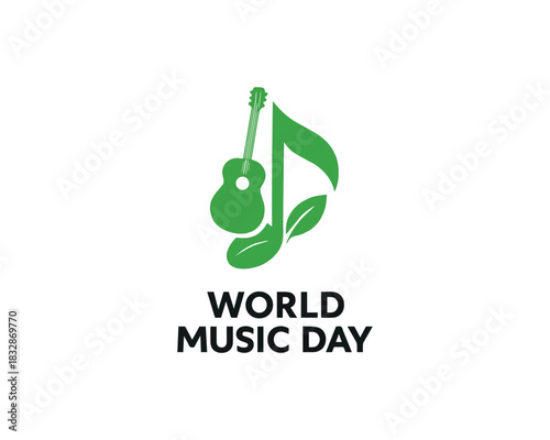 World Music Day Guitar Note Leaf icon vector design illustration.