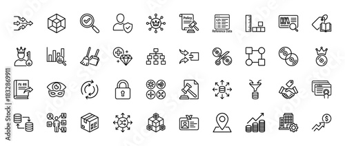 Data management line icon set. Vector pictograms of reference data, policy, security, analytics, and quality, thin linear illustration.