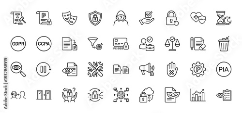 Privacy and data protection line icon set. Vector pictograms of CCPA, GDPR, HIPAA, security, mask, and encryption, thin linear illustration.