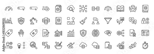 Data science and analytics line icon set. Vector pictograms of charts, databases, search, security, and ai brain, thin linear illustration.