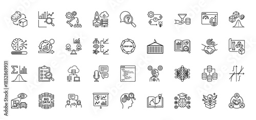 Data science line icon set. Vector pictograms of algorithm, neural network, analytics, cloud, robot, code, database, statistics, brain, graph, thin linear illustration.
