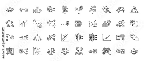 Artificial intelligence line icon set. Vector pictograms of machine learning, deep learning, nlp, and data analysis concepts, thin linear illustration.