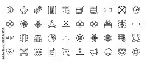 Data and technology line icon set. Vector pictograms of flowcharts, servers, security, and charts, thin linear illustration.