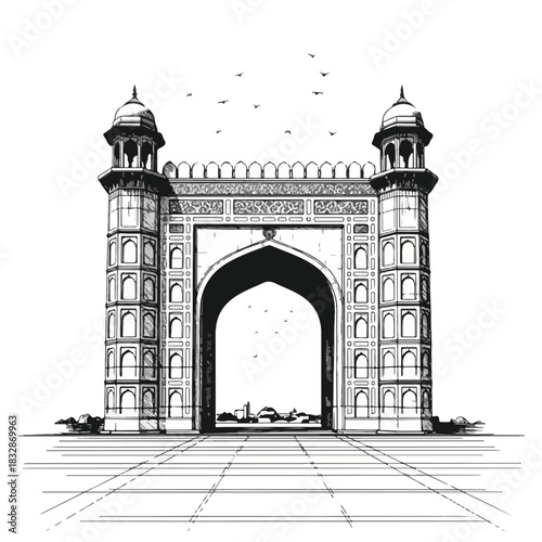 Historic Islamic Architecture A Grand Gateway Illustration. india gate.
