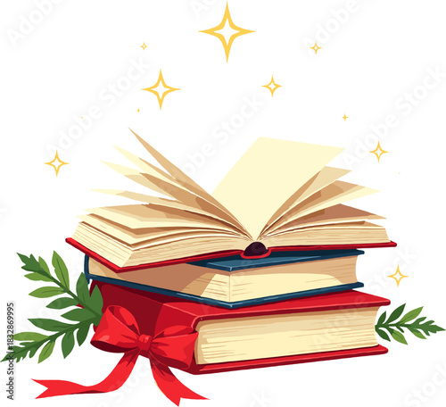 Open book resting on a stack of books, magical reading and education illustration isolated on white background for learning and knowledge themes
