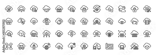 Cloud computing line icon set. vector pictograms of data storage, security, network, and analysis services, thin linear illustration.