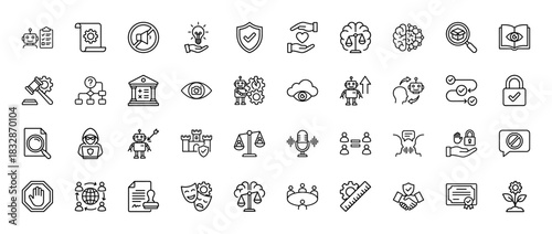 Artificial intelligence and ethics line icon set. Vector pictograms of robot checklist, magnifying glass, balance scale, and shield, thin linear illustration.