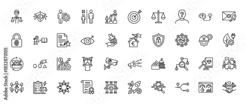 Corporate governance and business ethics line icon set. Vector pictograms of legal justice, teamwork, and innovation, thin linear illustration.