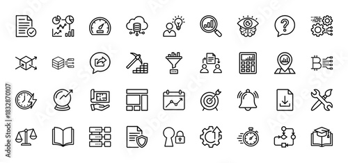 Business and data analysis line icon set. Vector pictograms of document, chart, database, security, and strategy, thin linear illustration.