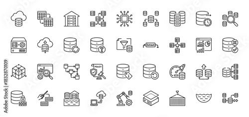 Data and cloud computing line icon set. Vector pictograms of server, database, security, and analysis concepts, thin linear illustration.