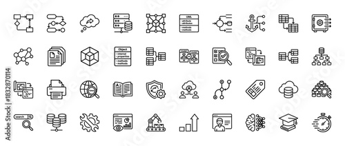 Data and information technology line icon set. Vector pictograms of flow chart, database, uml, object, and search, thin linear illustration.