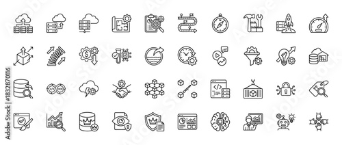 Technology and data processing line icon set. Vector pictograms of cloud computing, analytics, development, and engineering, thin linear illustration.