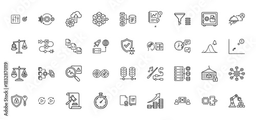 Data science and security line icon set. Vector pictograms of blockchain, server, flowcharts, and risk analysis, thin linear illustration.