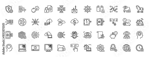 Cybersecurity line icon set. Vector pictograms of protection, data, privacy, cloud, server, virus, and password, thin linear illustration.