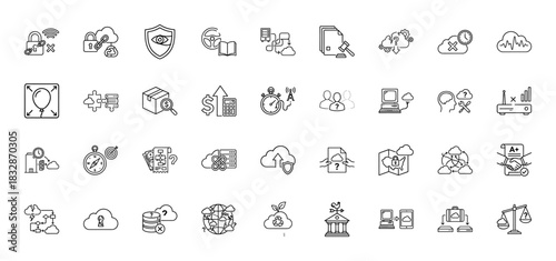 Cloud computing, security, and data network line icon set. Vector pictograms of server, shield, map, and analytics, thin linear illustration.