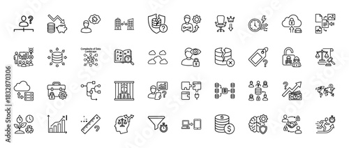 Data security and finance outline icon set. Vector pictograms of question, money, business, cloud, and protection, thin linear illustration.