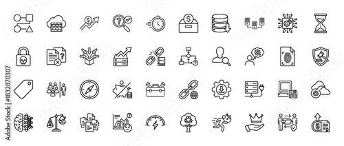 Business and data security line icon set. Vector pictograms of growth, cloud, database, analytics, and time, thin linear illustration.