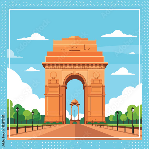 India Gate an iconic monument in New Delhi, India, surrounded by lush green trees and a cloudy sky