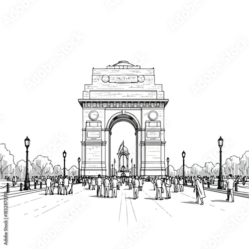 Iconic India Gate monument in New Delhi, a grand archway commemorating soldiers, surrounded by people and trees