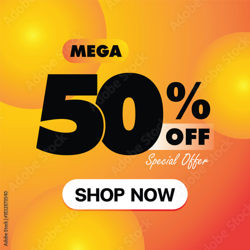 50 percent off mega sale colorful gradient orange.  vector banner illustration.